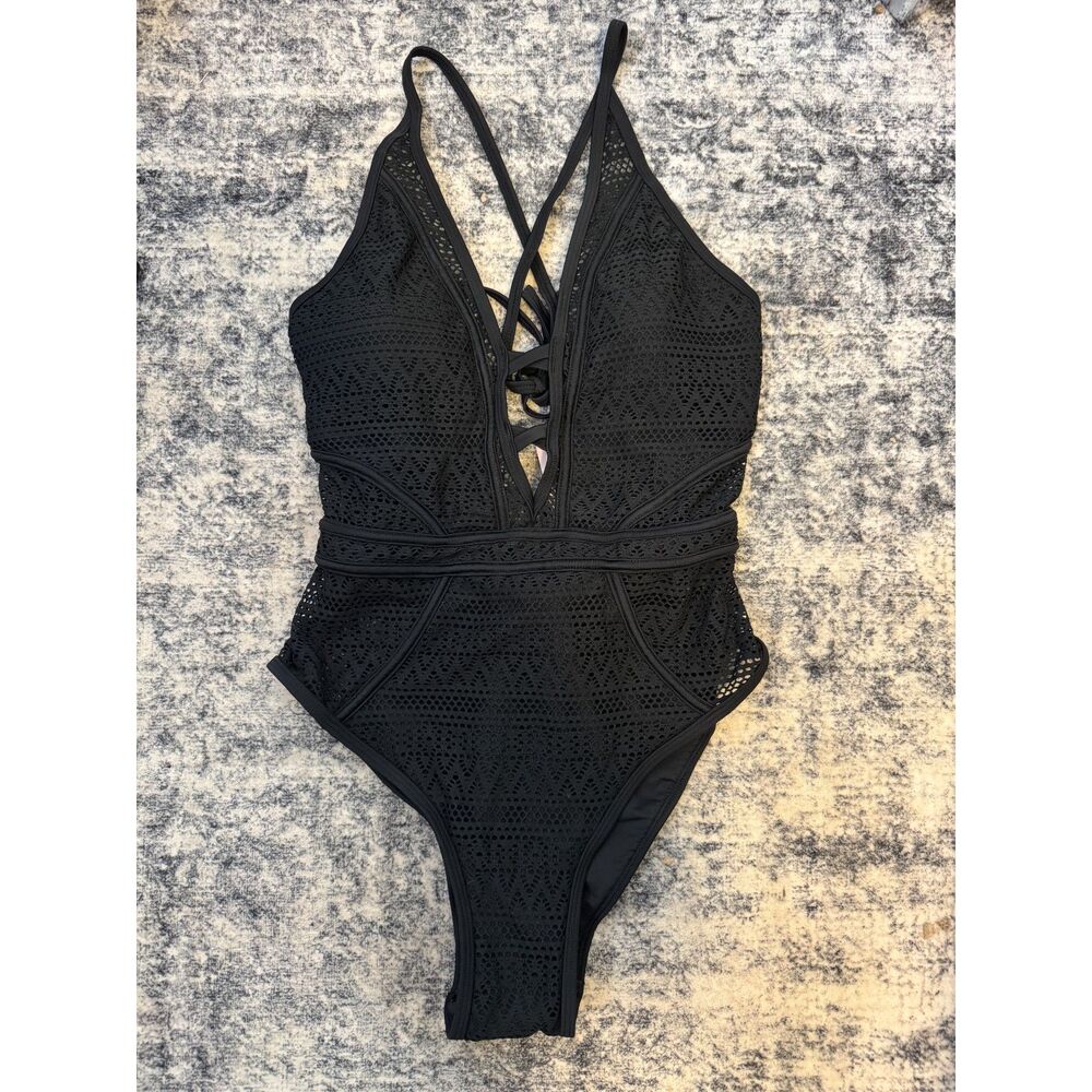 NWT Charmo Black Crochet-Inspired One Piece Swimsuit Women's M Plunge Crisscross